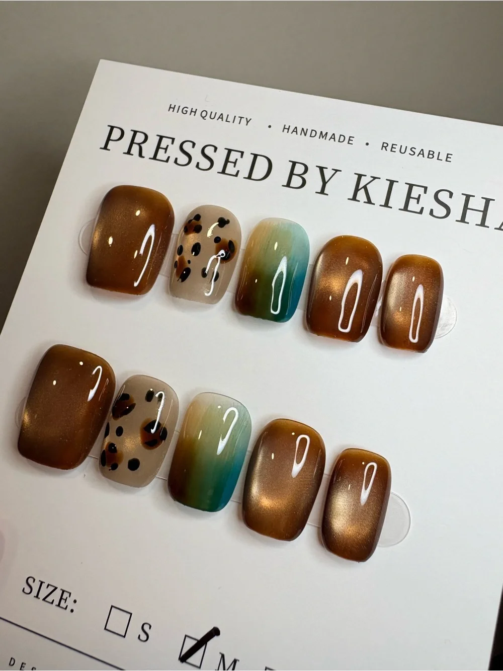 Press-On Nail Set with Brown Metallic, Leopard and Teal Ombre